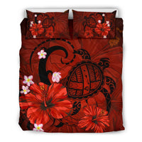 Red bedding set with turtle, hibiscus & plumeria tribal florals; 2 matching pillows