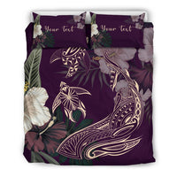 Purple duvet and pillow set with tropical leaves, Aumakua design, and “Your Text”