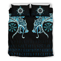 Viking Bedding Set, Fenrir Raven and Vegvisir Tattoo Cyan RLT12 - Wonder Print Shop
