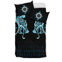 Viking Bedding Set, Fenrir Raven and Vegvisir Tattoo Cyan RLT12 - Wonder Print Shop