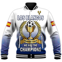White baseball jacket front with LOS BLANCOS text, trophy emblem, and WE ARE THE CHAMPIONS