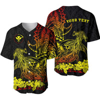 Black baseball jersey with red, yellow and green Polynesian shark art and floral hem