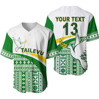 Custom rugby baseball jersey, white/green, front 'TAILEVU', back 'YOUR TEXT 13'