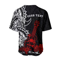 Back view: black baseball jersey with red ukulele, hibiscus and 'YOUR TEXT'