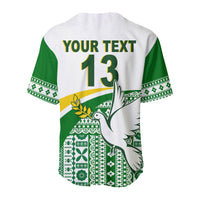 White and green rugby baseball jersey back, 'YOUR TEXT' and number 13, tapa pattern