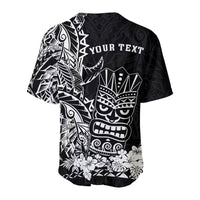 Black baseball jersey back panel with tiki mask, floral design, and “YOUR TEXT”