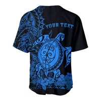 Back of blue polynesian baseball jersey with large sea turtle graphic and 'YOUR TEXT'