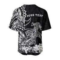 Black baseball jersey back with 'YOUR TEXT' over tribal shark and geometric print