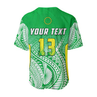 Green baseball jersey back with 'YOUR TEXT' and number 13 on leafy tropical pattern