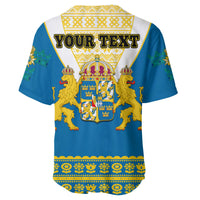 Back view: Blue baseball jersey with 'YOUR TEXT' and Sweden coat of arms crest