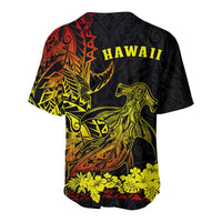 Black baseball jersey back with large 'HAWAII' text and yellow shark artwork, floral trim