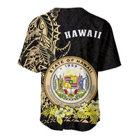 Hawaii baseball jersey back with large gold tribal print and HAWAII lettering