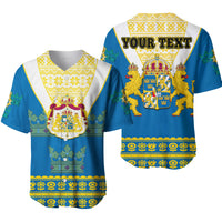 Blue baseball jersey: Sweden coat of arms with 'YOUR TEXT' on front