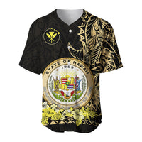 Hawaiian Polynesian baseball jersey, black with gold State of Hawaii crest and lime flowers