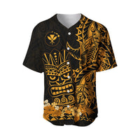 Gold tiki mask baseball jersey with floral band and buttoned V-neck