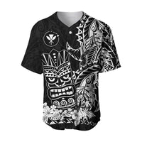 Black Polynesian baseball jersey with tiki face graphic, floral bottom, button V-neck