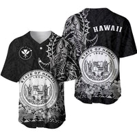 Baseball jersey set, dark with white Hawaiian state seal and floral print, short sleeves