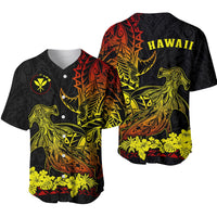 Black baseball jersey with Hawaiian shark print, yellow flowers hem, button-front