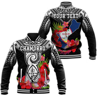 Custom Personalised Guam Chamorro Baseball Jacket Guaman Latte Stone Tropical Flowers Black Style - Wonder Print Shop