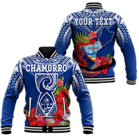 Custom Personalised Guam Chamorro Baseball Jacket Guaman Latte Stone Tropical Flowers Blue Version - Wonder Print Shop