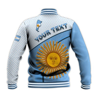 Back view blue/white jacket with sun emblem and YOUR TEXT graphic, varsity collar