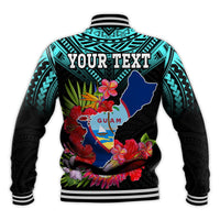 Custom Personalised Guam Chamorro Baseball Jacket Guaman Latte Stone Tropical Flowers Turquoise Style - Wonder Print Shop
