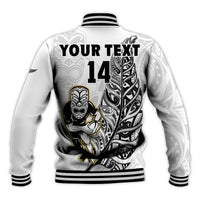 Custom Text And Number New Zealand 2022 Rugby Baseball Jacket All Black Silver Fern Maori Pattern Version White - Wonder Print Shop