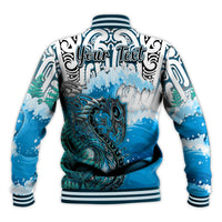 Custom Personalised Manaia Maori Baseball Jacket Fern Aotearoa Blue Waves LT13 - Wonder Print Shop