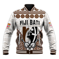 White baseball jacket with “FIJI BATI” front graphic and shield emblem