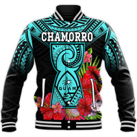 Custom Personalised Guam Chamorro Baseball Jacket Guaman Latte Stone Tropical Flowers Turquoise Style - Wonder Print Shop