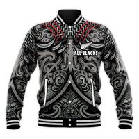 Black rugby baseball jacket with Maori tribal pattern, snap front, ribbed collar and cuffs