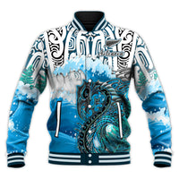 Custom Personalised Manaia Maori Baseball Jacket Fern Aotearoa Blue Waves LT13 - Wonder Print Shop
