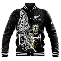 Custom Text And Number New Zealand 2022 Rugby Baseball Jacket All Black Silver Fern Maori Pattern Version Black - Wonder Print Shop