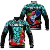 Custom Personalised Guam Chamorro Baseball Jacket Guaman Latte Stone Tropical Flowers Turquoise Style - Wonder Print Shop