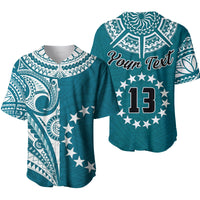 Blue Cook Islands baseball jersey with custom text, number 13, and star circle symbol
