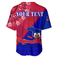 Rückseite: Rot-blaues Baseballtrikot mit „YOUR TEXT“ und Haiti-Kartenmotiv