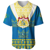 Blue baseball jersey with large Sweden coat of arms and decorative hem pattern