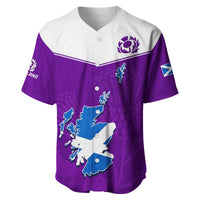 Purple baseball jersey front with Scotland map, blue flag icons, thistle crest