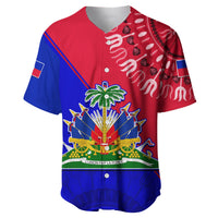 Rot-blaues Haiti-Baseballtrikot vorne mit Palmbaum und Waffen-Bauteilen