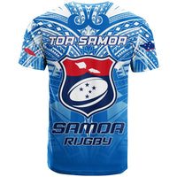 Blue rugby-style T-shirt with crew neck, short sleeves, TOA SAMOA and Samoa Rugby logo