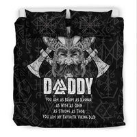 Black bedding set with two pillows featuring Odin runes and a bearded 'DADDY' warrior