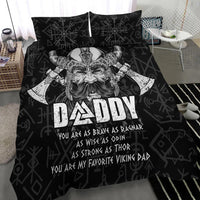 Black bedding set with Odin warrior face, runes, and large 'DADDY' text on comforter