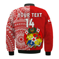 Custom Text And Number Tonga Bomber Jacket Tongan Coat Of Arms Ngatu Pattern - Wonder Print Shop