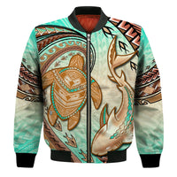 Hawaii Bomber Jacket Polynesian Shark And Sea Turtle Dreamy Turquoise Artsy - Wonder Print Shop