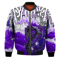 Custom Personalised Manaia Maori Bomber Jacket Fern Aotearoa Purple Waves LT13 - Wonder Print Shop