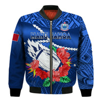 Blue zip-front bomber jacket with MANU SAMOA text, crest, floral hibiscus and wreath