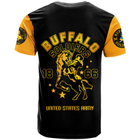 Black crewneck T-shirt with gold sleeves; back lion graphic with stars and '66' text.