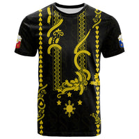 Black T-shirt with gold Barong-style front embroidery and star sun motifs