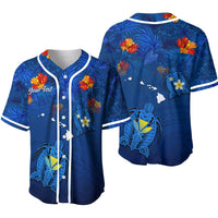 Blue baseball jersey with white trim, custom text, tropical flowers and turtles
