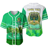 Green baseball jersey with white piping, button front, and palm tree print